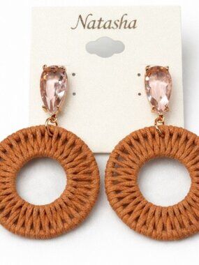 Natasha Couture Tan Woven Circle Drop Earrings Pink Stone NWT